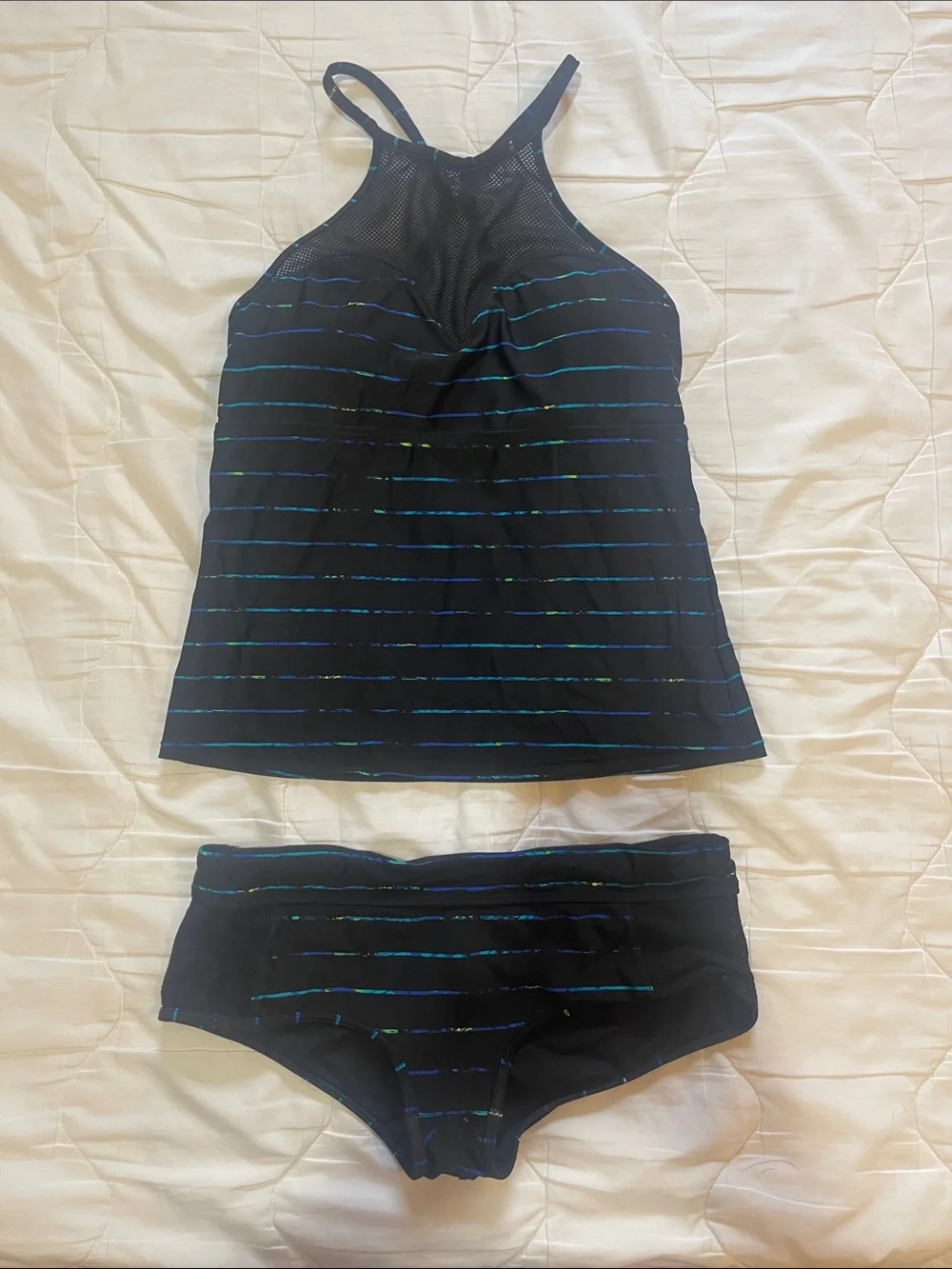 Athleta Black Tankini with Blue and Teal Stripe Accents